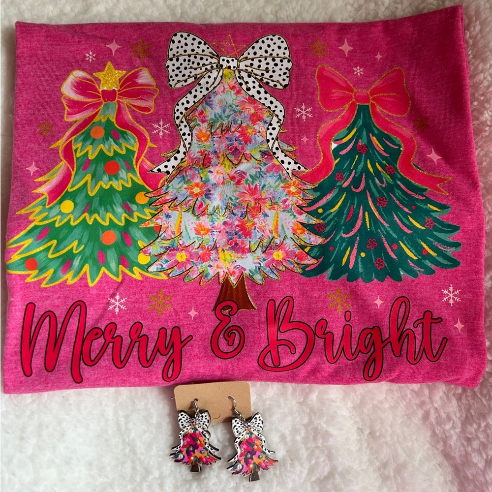 Pink Merry & Bright Christmas Tee & Earrings